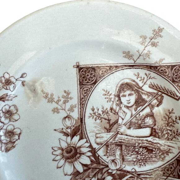 Rare Vintage British Aesthetic Brown Transfer Ware Girl with Rake 8.5” Plate - Picture 3 of 10